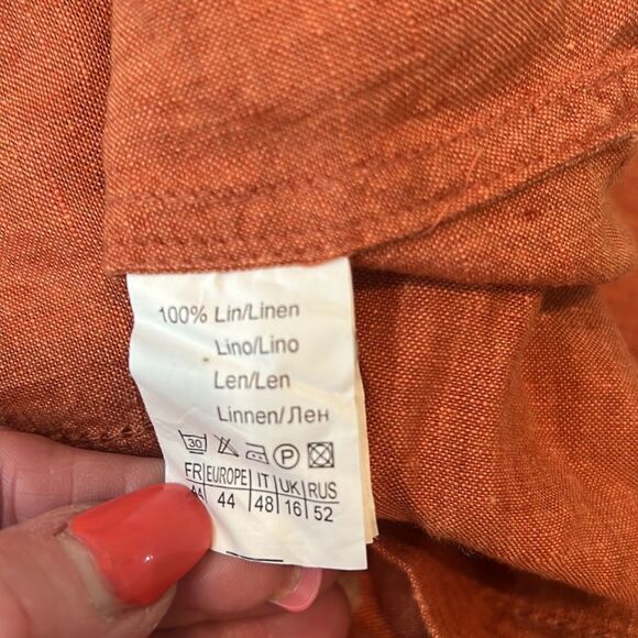 Camaieu Tunic Dress 💯 Linen Collar V Neck Rust Burnt Orange Belted 3/4 Sleeves - Picture 11 of 13
